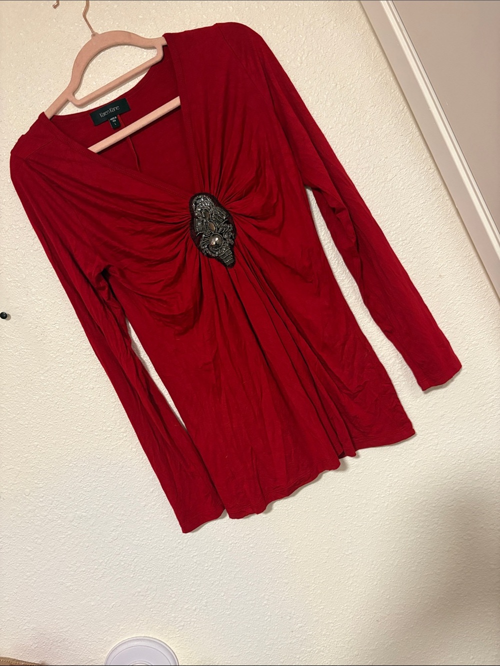 Karen Kane Deep Red Long Sleeve Twist Front Top with Center Embellishment